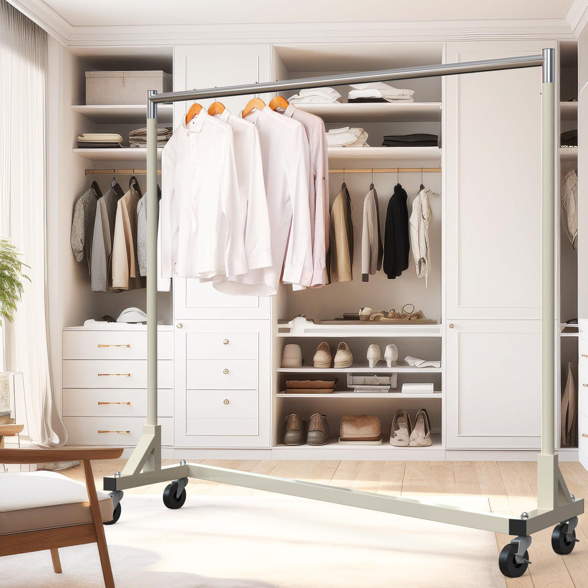 Simple Houseware 63-inch hanging bar offers expansive hanging capacity for bulky garments.