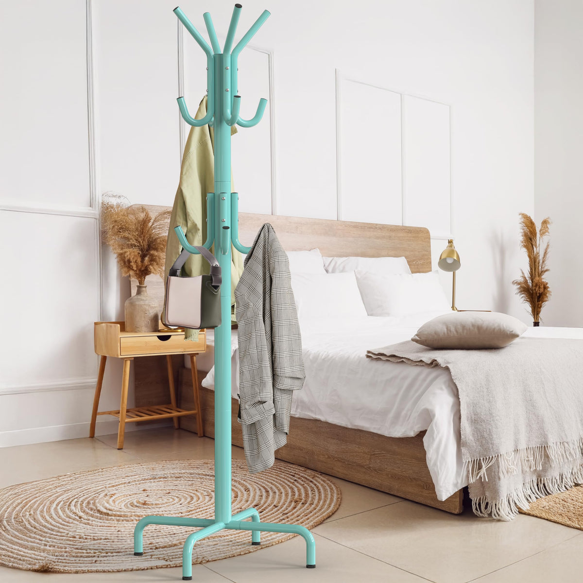 Simple Houseware coat rack highlighting adjustable glides for level placement.