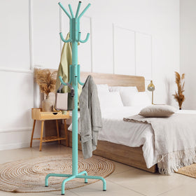 Simple Houseware coat rack highlighting adjustable glides for level placement.