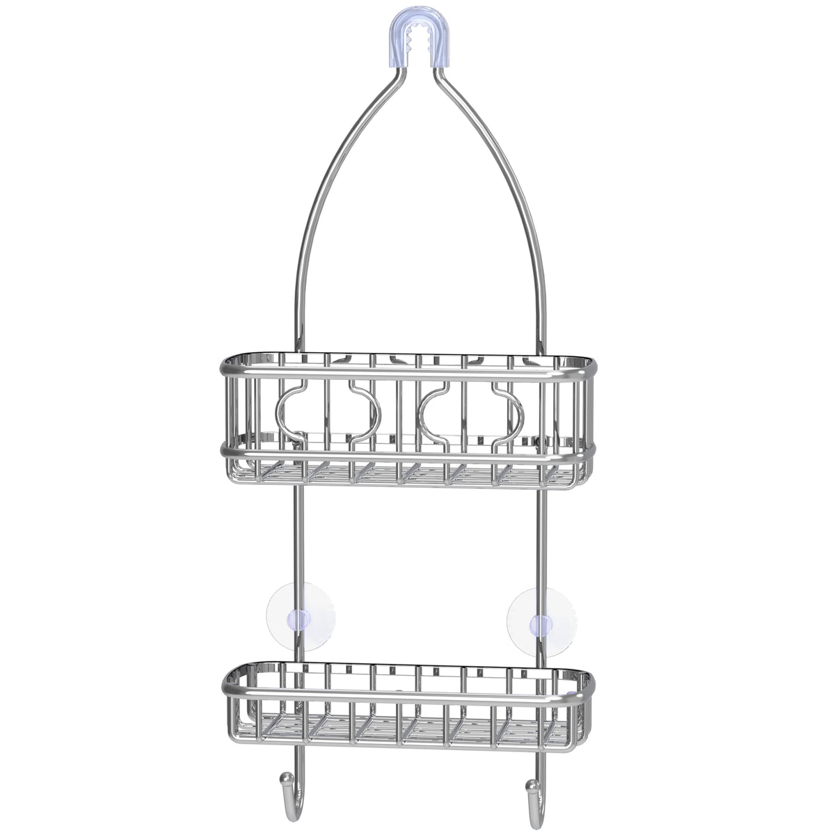Simple Houseware chrome shower caddy hanging in a shower, keeping essentials organized