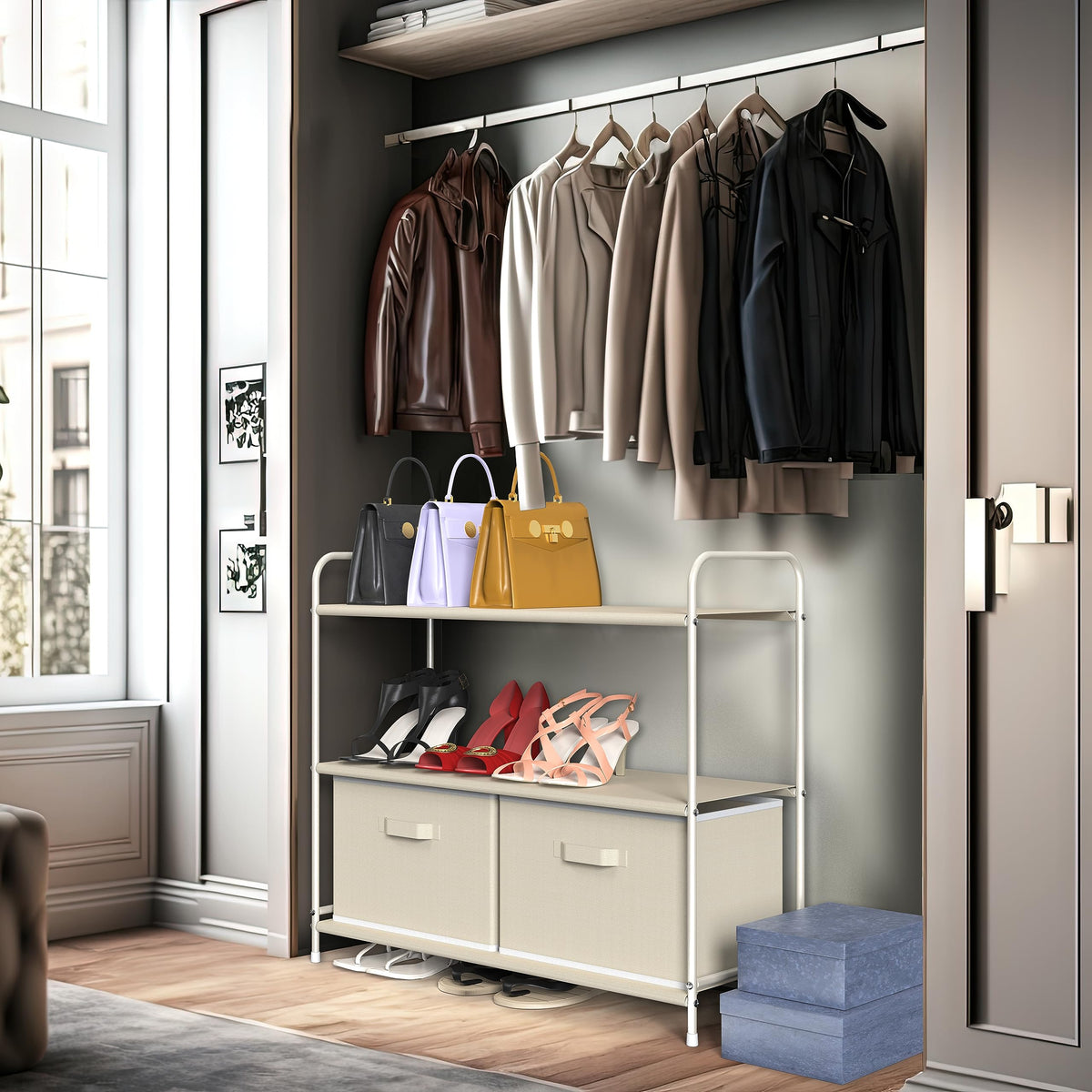 Open view of the two collapsible bins in the beige unit.