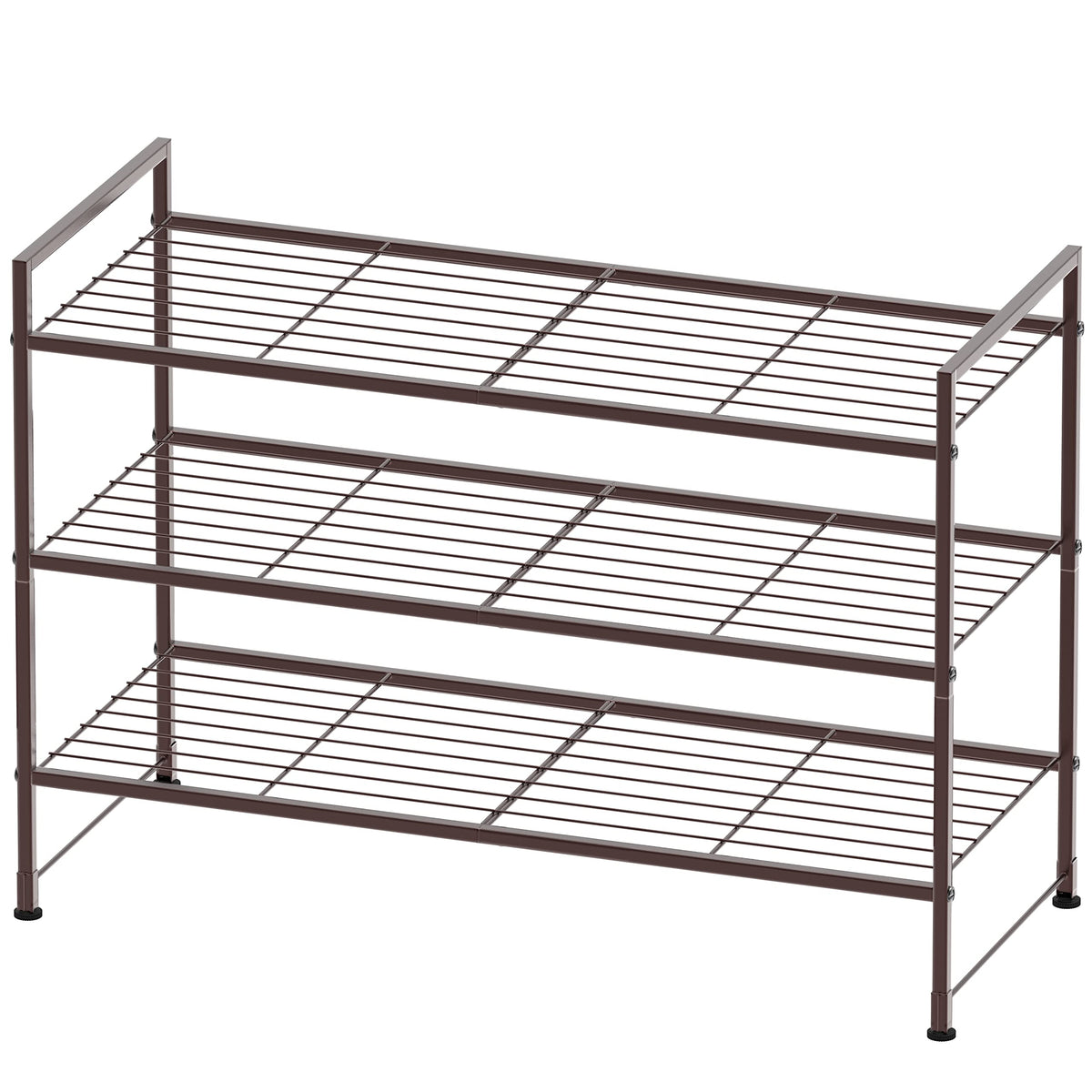 Simple Houseware bronze 3-tier rack front view with nine-pair capacity for organized footwear.