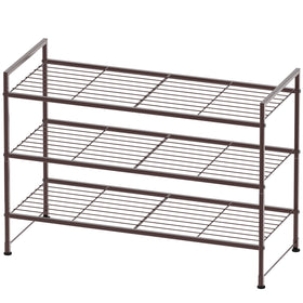 Simple Houseware bronze 3-tier rack front view with nine-pair capacity for organized footwear.