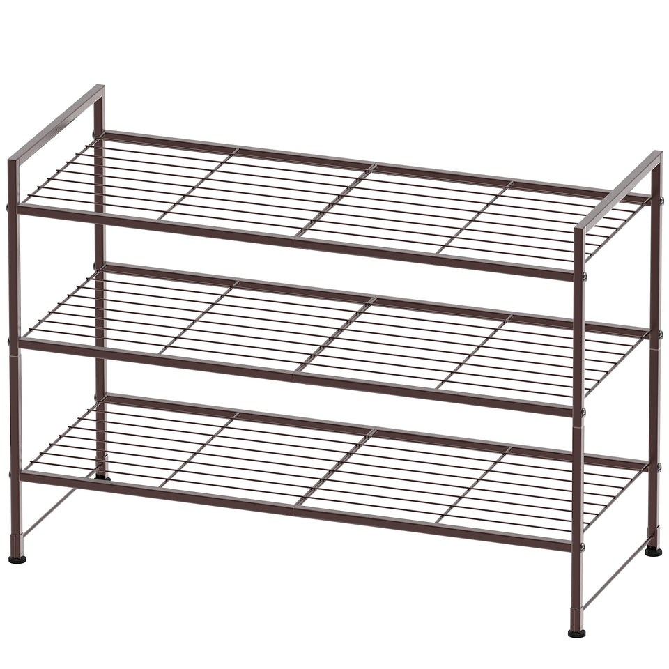 Simple Houseware bronze 3-tier rack front view with nine-pair capacity for organized footwear.