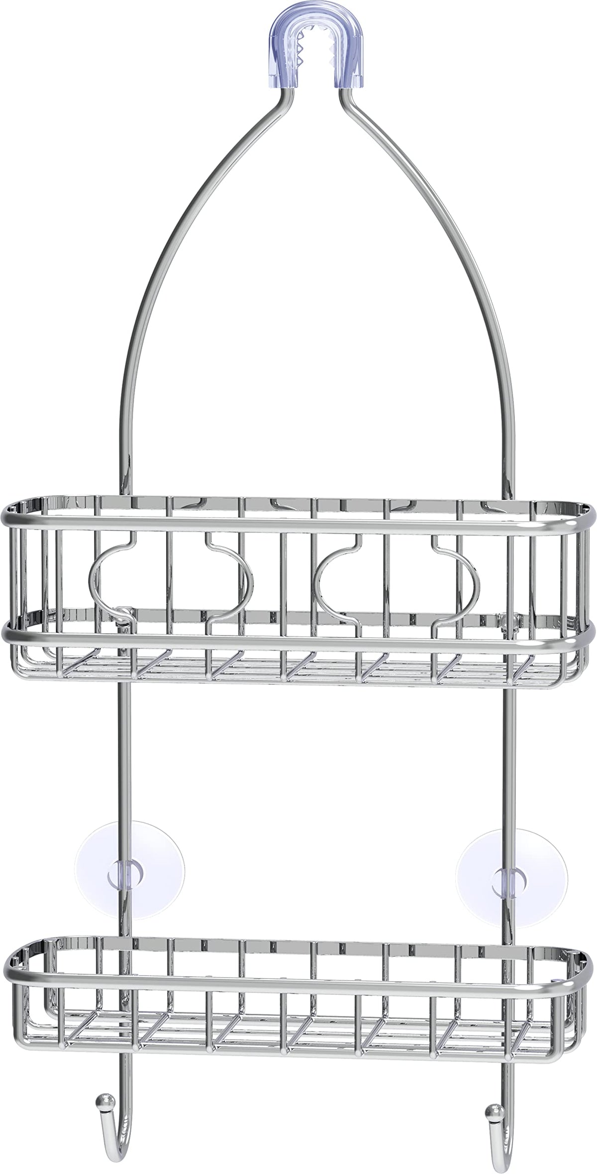 Simple Houseware caddy with two hooks and shelf holds razors and washcloths