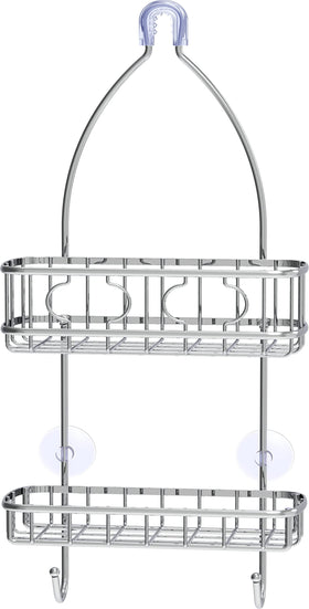 Simple Houseware caddy with two hooks and shelf holds razors and washcloths