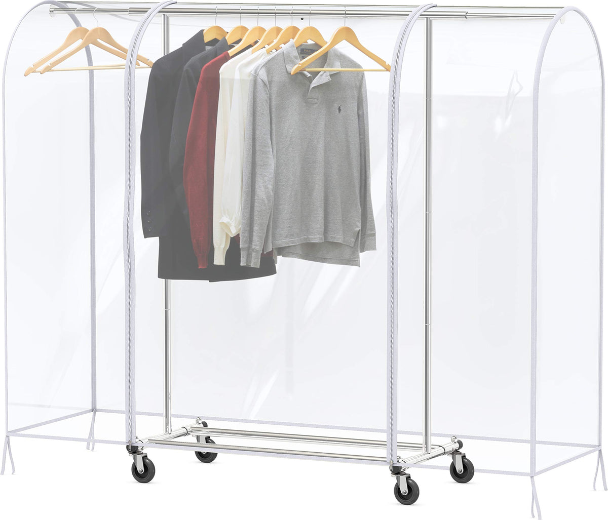 Simple Houseware Clear Garment Rack Cover front view protects clothing from dust