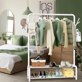Simple Houseware closet rack with storage shelves for shoes and bins.