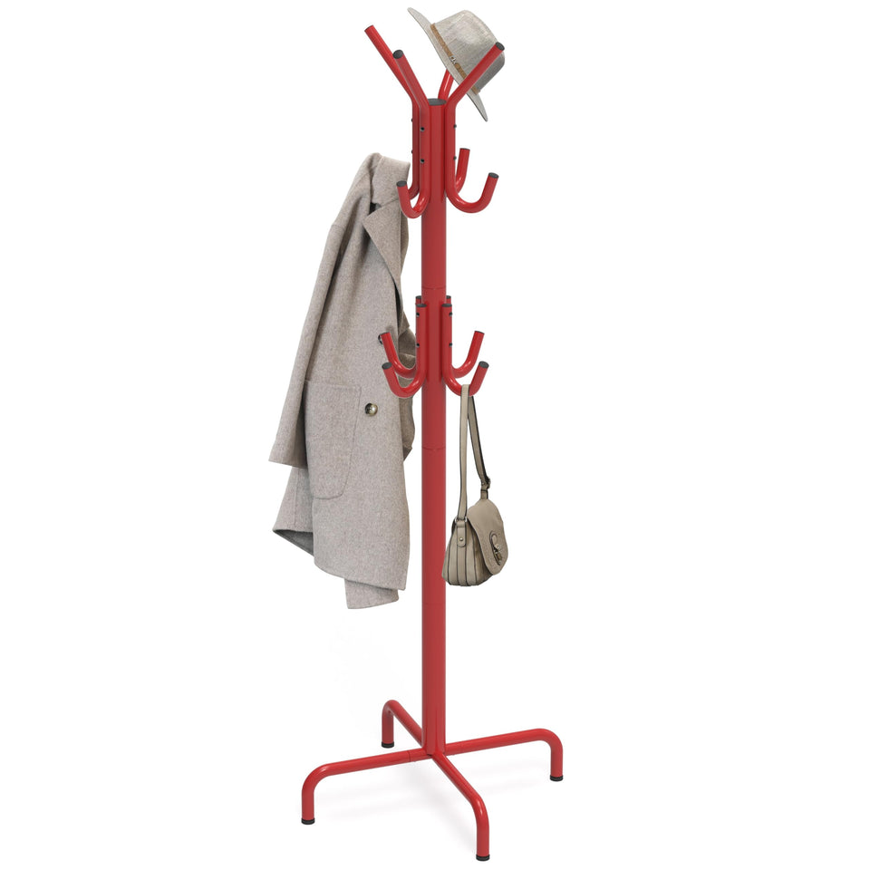 Simple Houseware red 12-hook standing rack, front view for organized coats and hats.