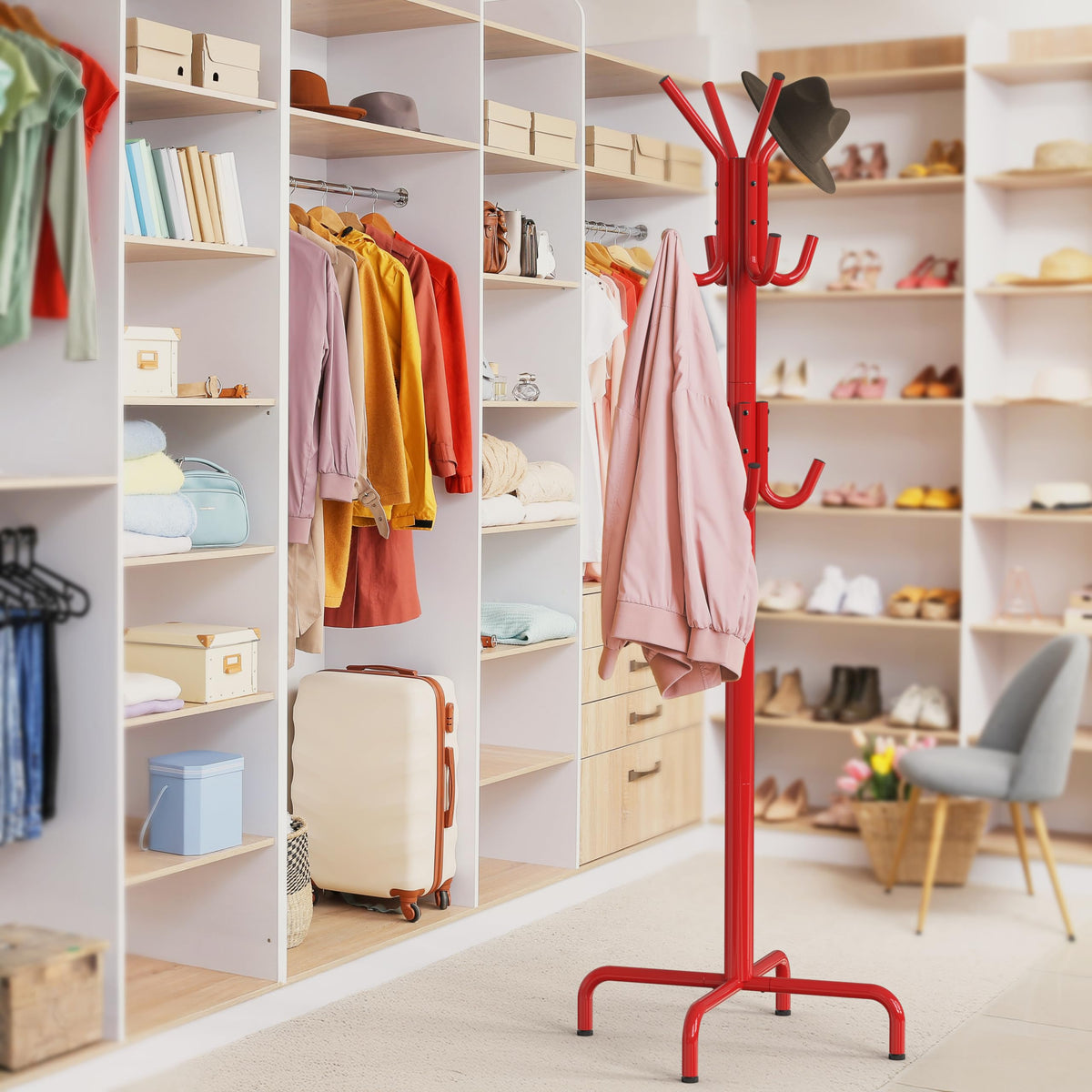 Stable base on Simple Houseware rack protects floors and keeps garments secure in entryway.