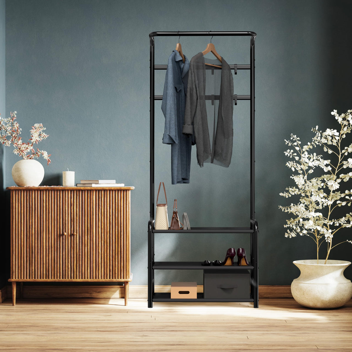Simple Houseware fabric shelves provide extra storage and shoe space
