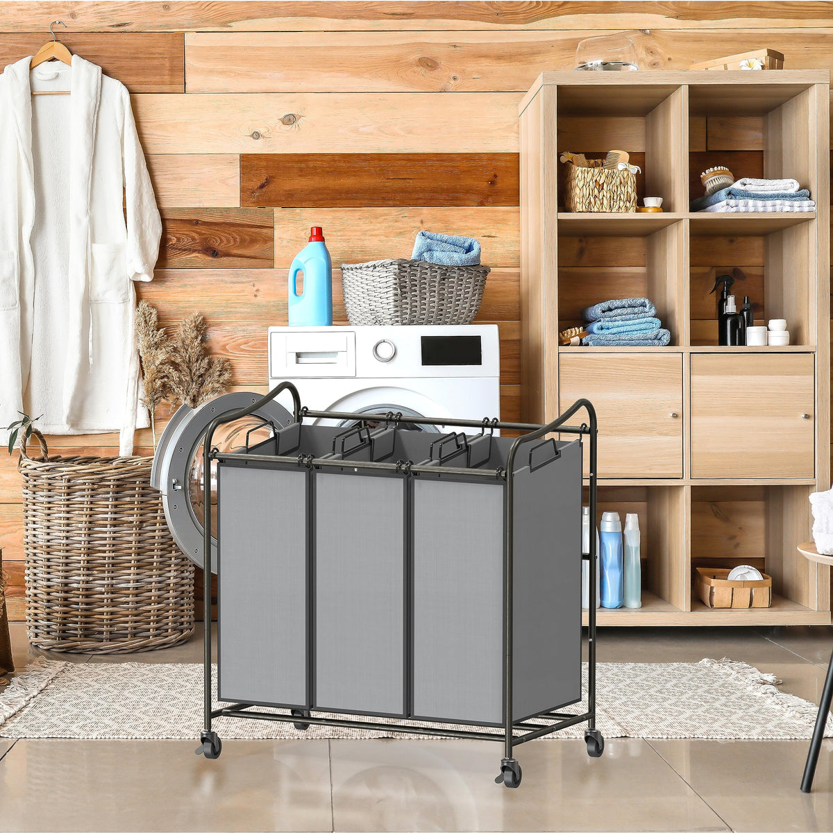 Simple Houseware dark-grey bags and cart show the coordinated laundry system.