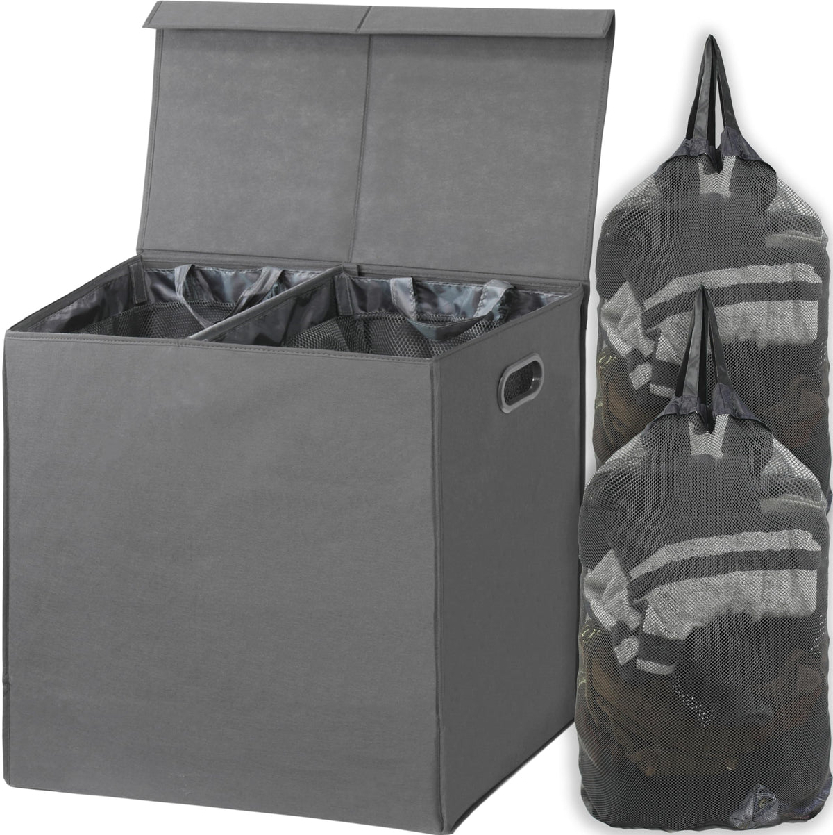 Simple Houseware double laundry hamper with lid closed for odor control and privacy.