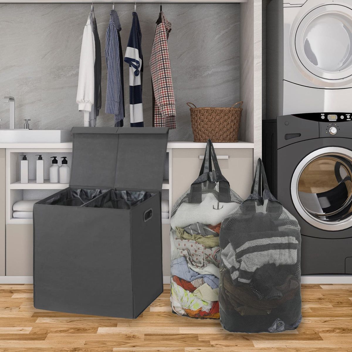 Simple Houseware hamper lid open showing easy access for quick sorting.