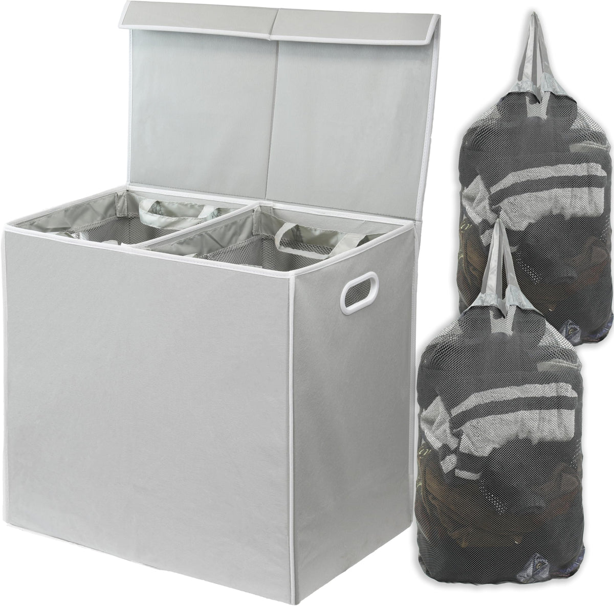 Simple Houseware double laundry hamper lid keeps odors contained and clothes concealed.