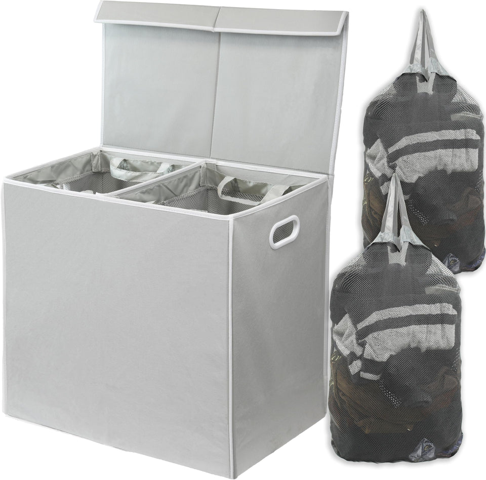 Simple Houseware double laundry hamper lid keeps odors contained and clothes concealed.