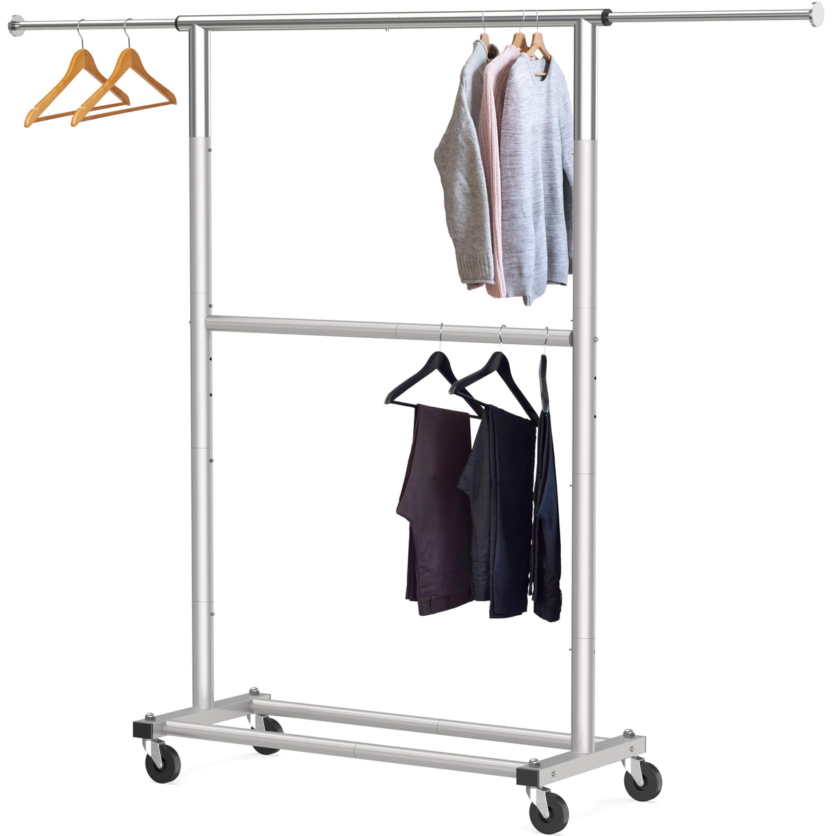 Simple Houseware grey garment rack shown with compact footprint and sturdy build.
