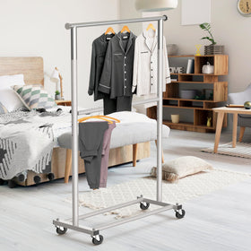 Simple Houseware grey rack with extended top rods for additional hanging space.