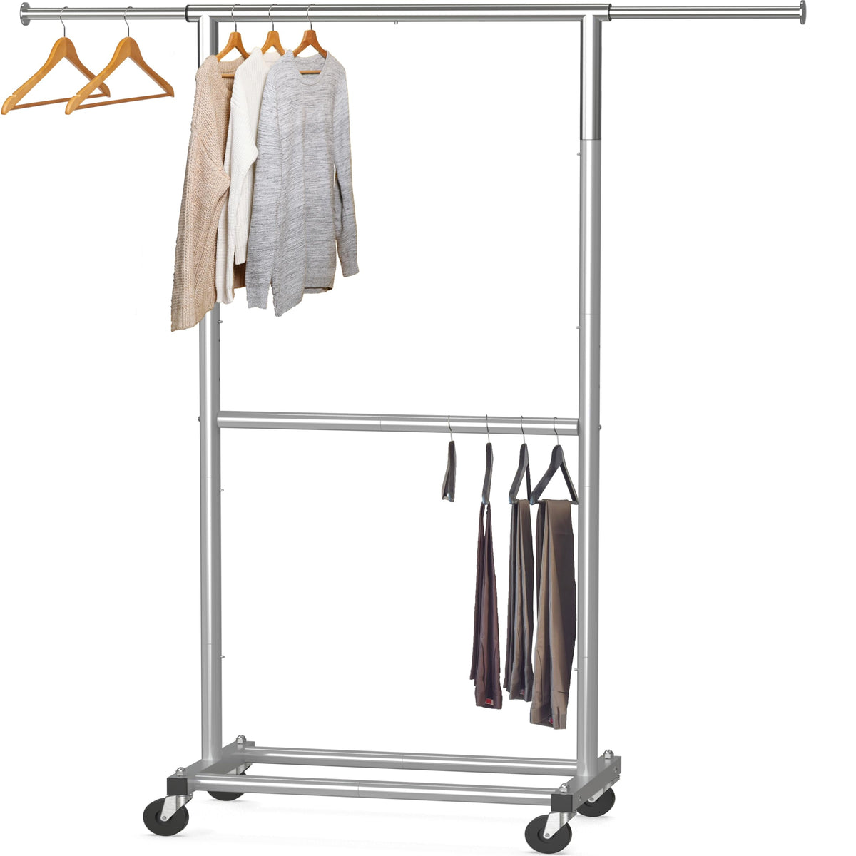 Simple Houseware double rod garment rack grey side view for compact spaces and extra storage.