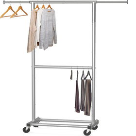 Simple Houseware double rod garment rack grey side view for compact spaces and extra storage.