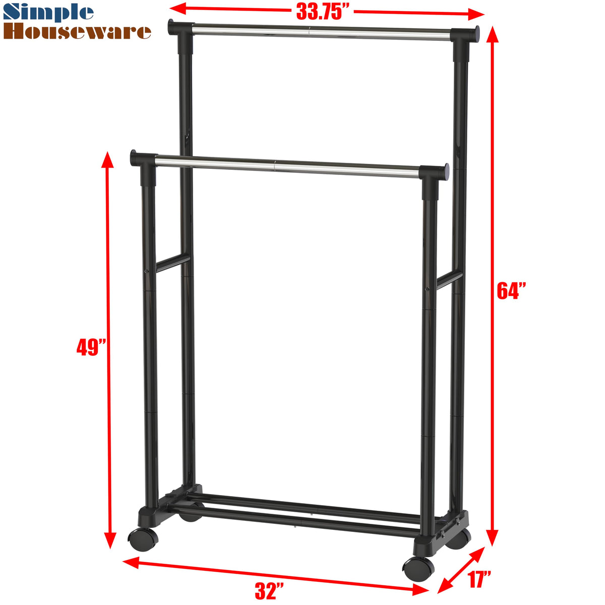 Simple Houseware double-rod rack with smooth mobility casters for easy repositioning