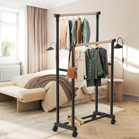 Simple Houseware double-rod rack side view shows tall upper rod for long garments
