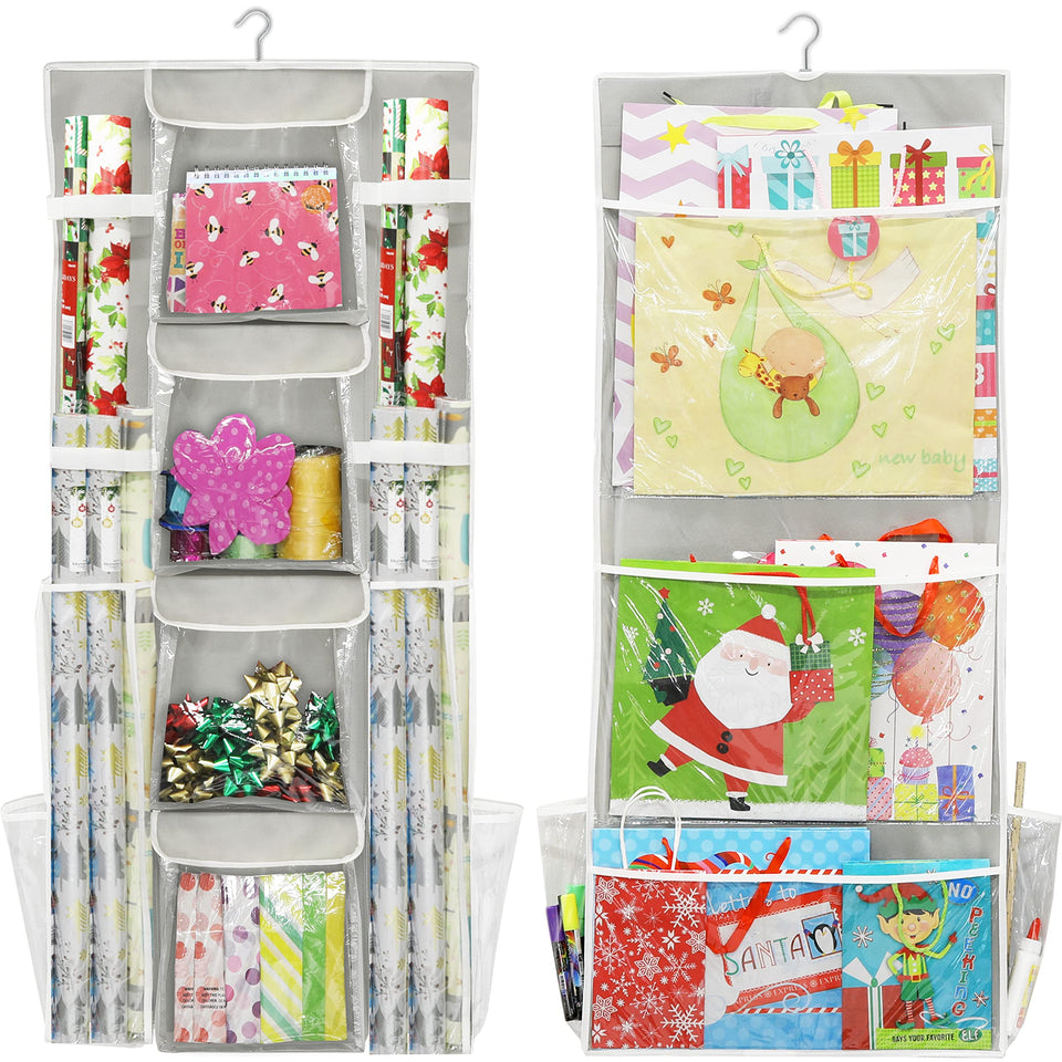 Simple Houseware double-sided gift wrap organizer front view with accessible pockets