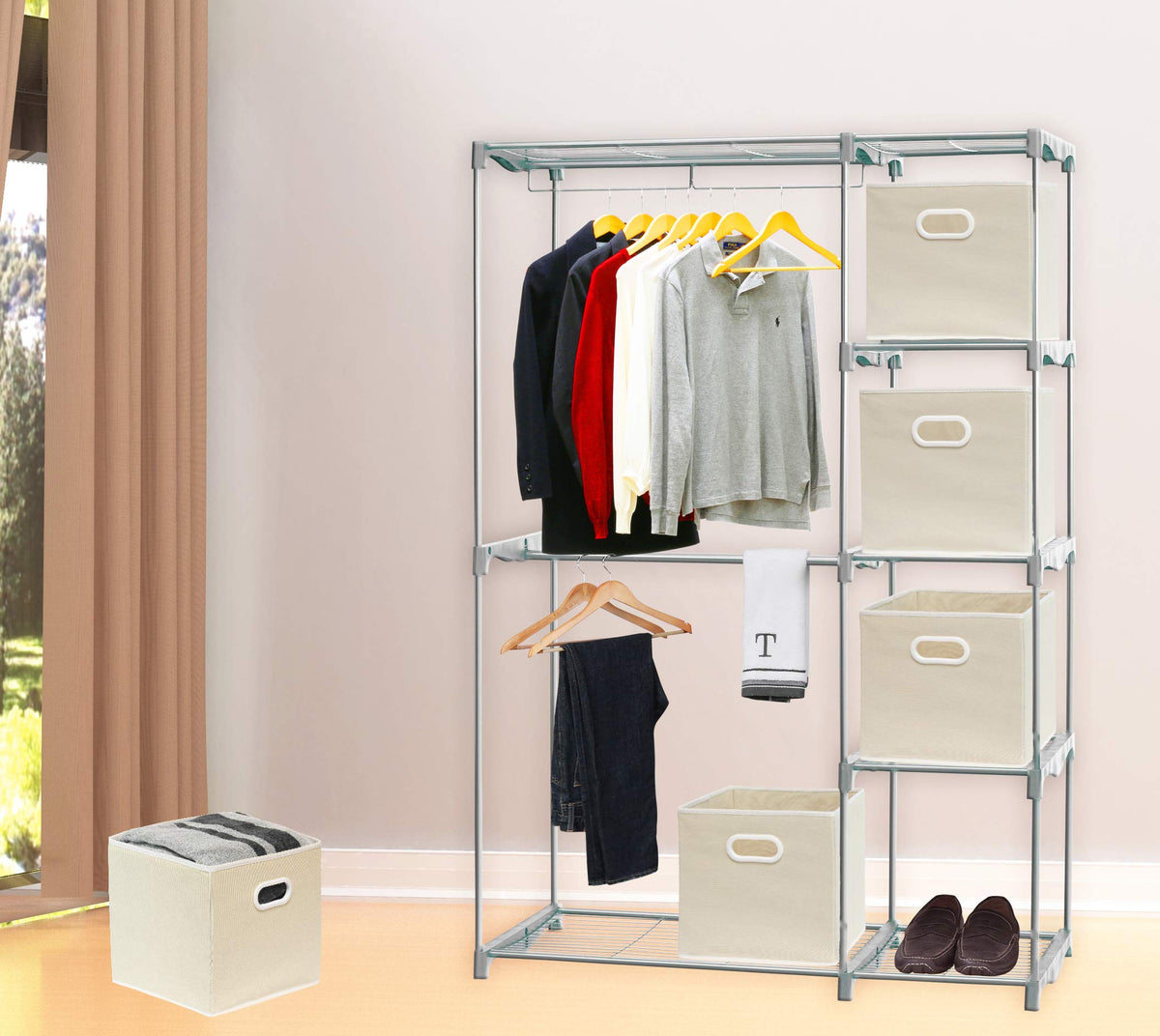 Six beige fabric cube bins are neatly displayed for organization.