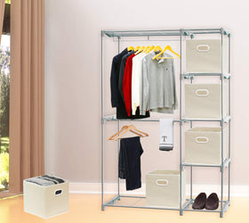 Six beige fabric cube bins are neatly displayed for organization.