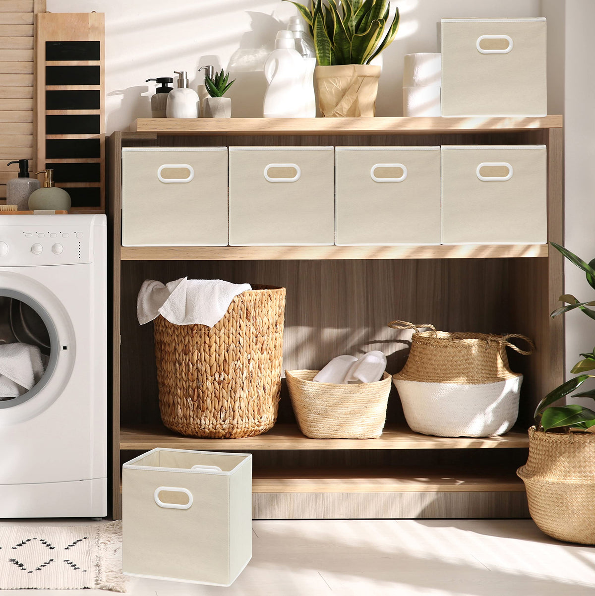 Simple Houseware cube bin with side cutouts enables easy access.
