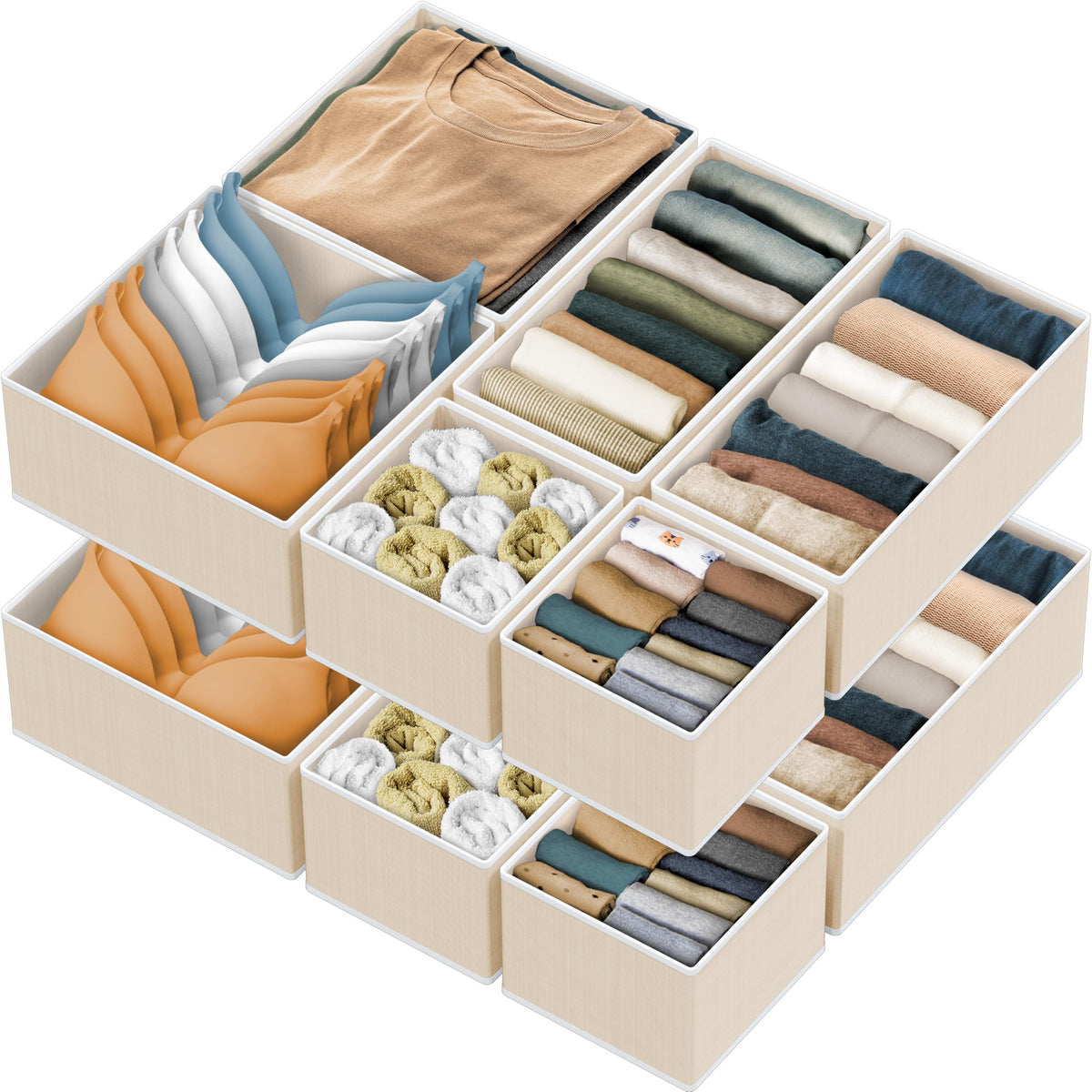 Simple Houseware beige large-bin in-drawer setup for bra organization.