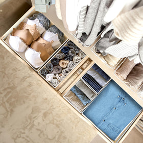 Simple Houseware beige medium-bin showcasing belts organized by category.