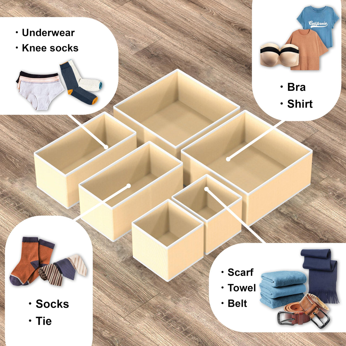 Simple Houseware beige medium-bin holding scarves in a dresser.