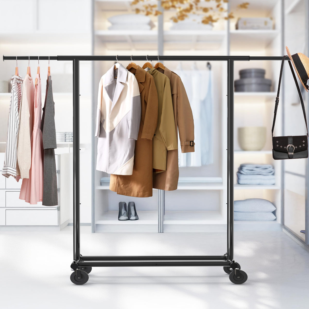 Simple Houseware garment rack 360-degree casters enable smooth mobility between rooms.