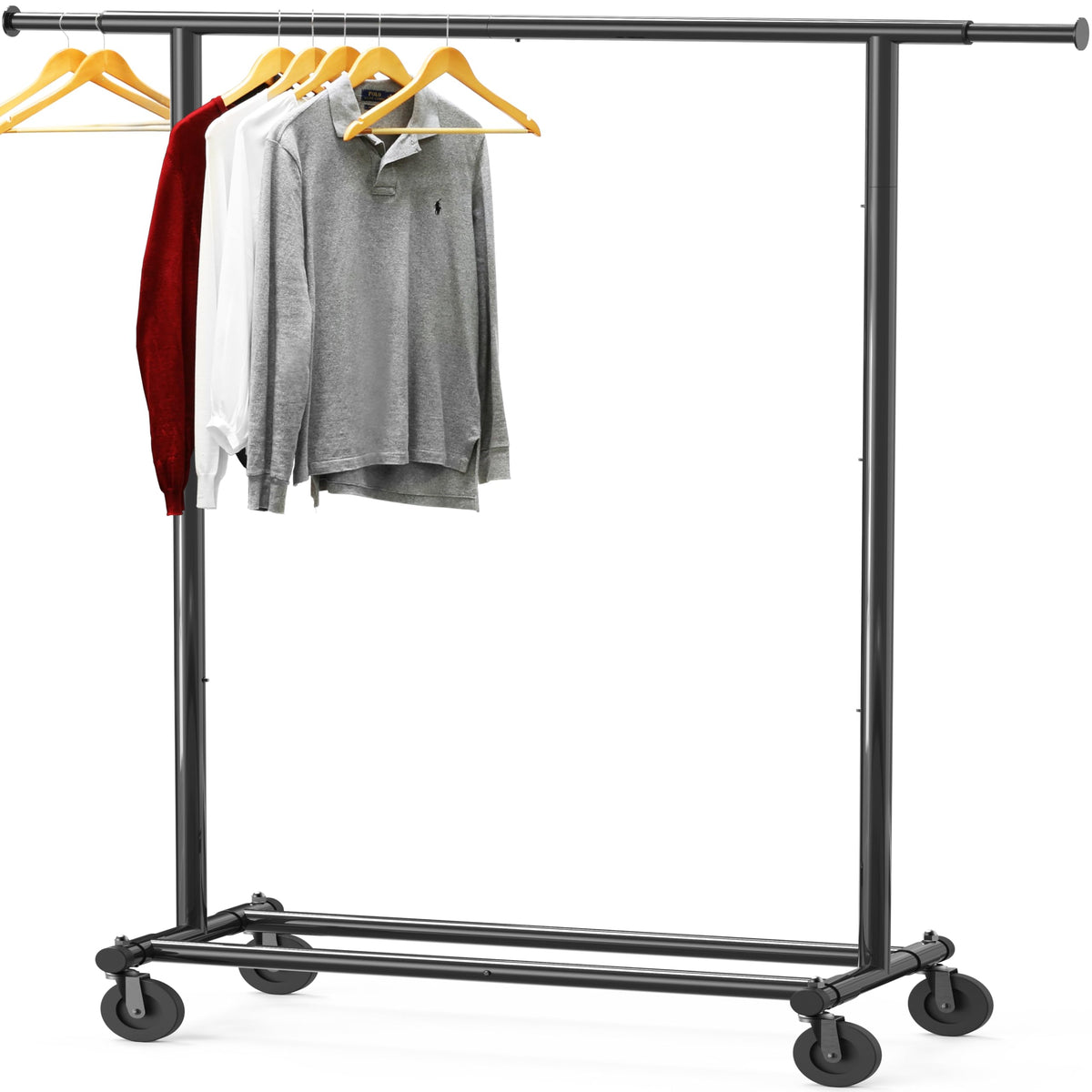 Simple Houseware garment rack base and legs demonstrate sturdy construction for heavy garments.