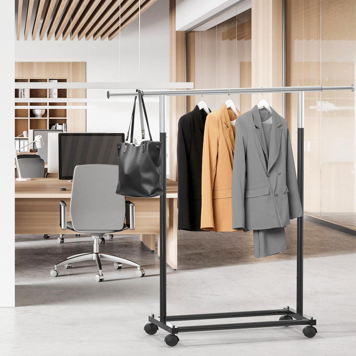 Simple Houseware dorm room setup using a sturdy garment rack