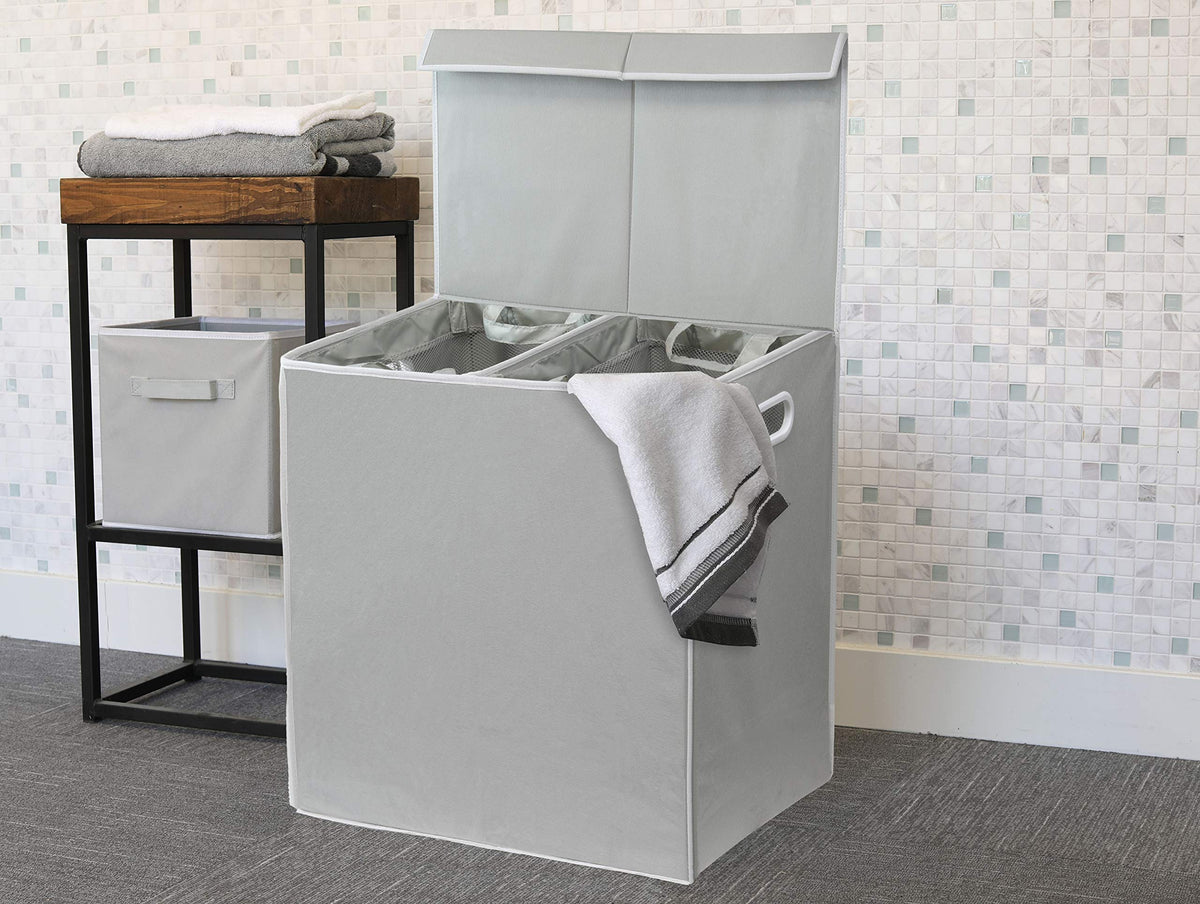 Simple Houseware grey double laundry hamper stylishly organizes bathroom or laundry area.