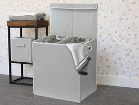 Simple Houseware grey double laundry hamper stylishly organizes bathroom or laundry area.