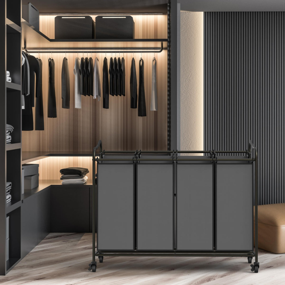 Simple Houseware laundry-sorter dimensions highlight frame size and bag capacity.