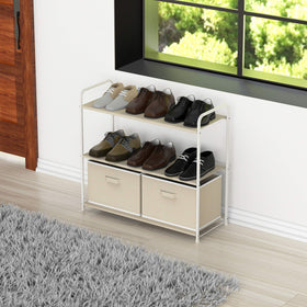 Sturdy metal frame supports a three-tier beige closet storage system.