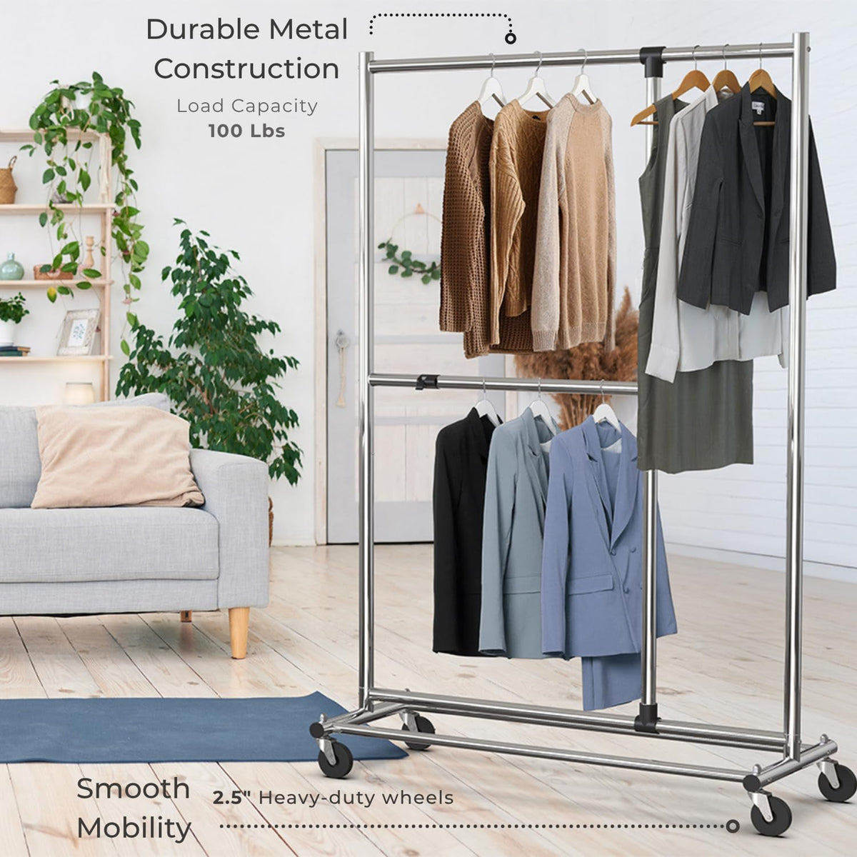 Simple Houseware portable closet solution moves easily for reconfiguring spaces.