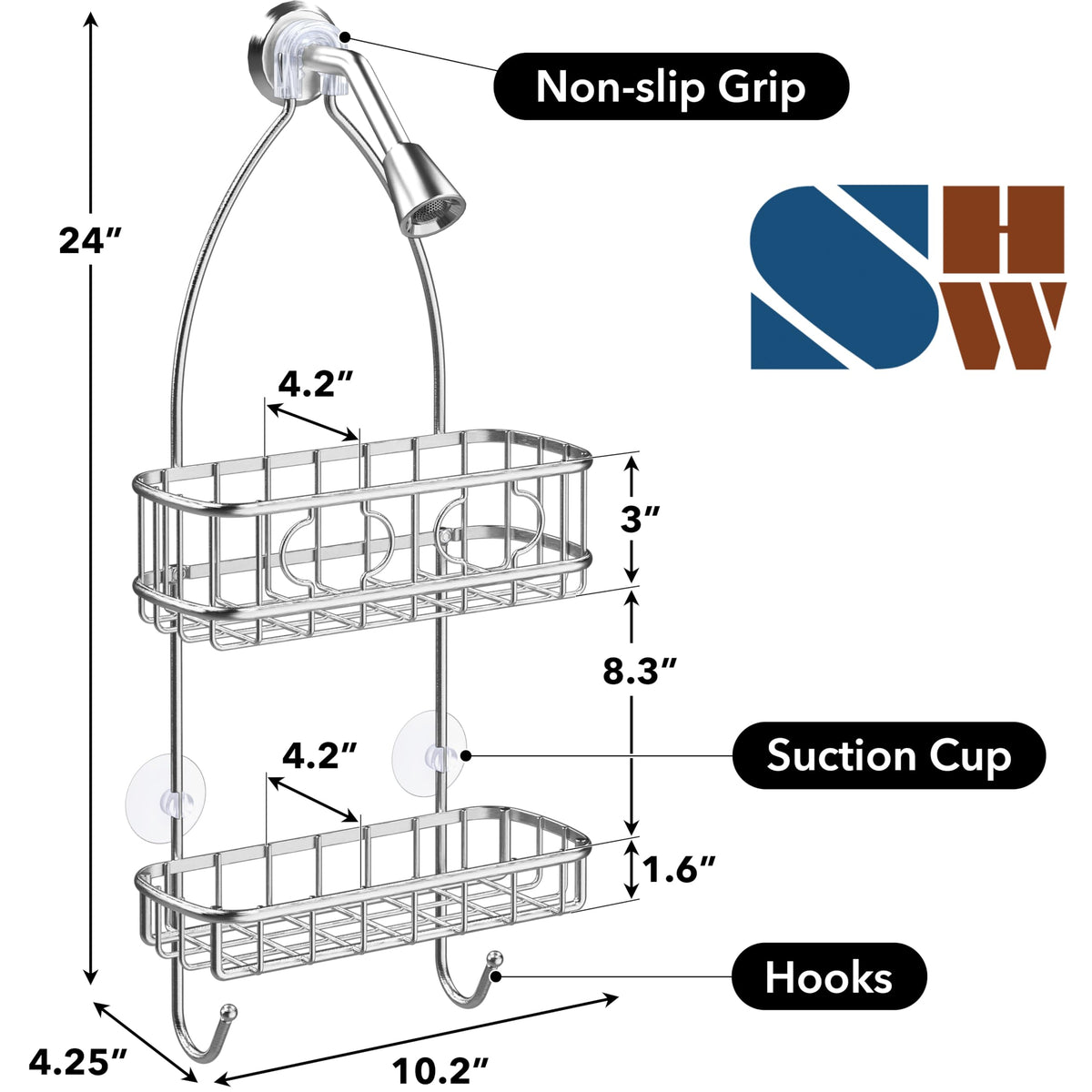 Simple Houseware dual suction cups stabilize the caddy on tile surfaces.
