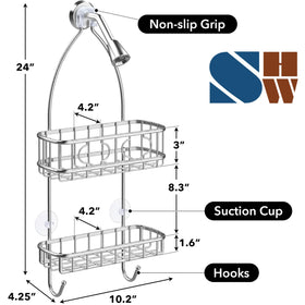 Simple Houseware dual suction cups stabilize the caddy on tile surfaces.