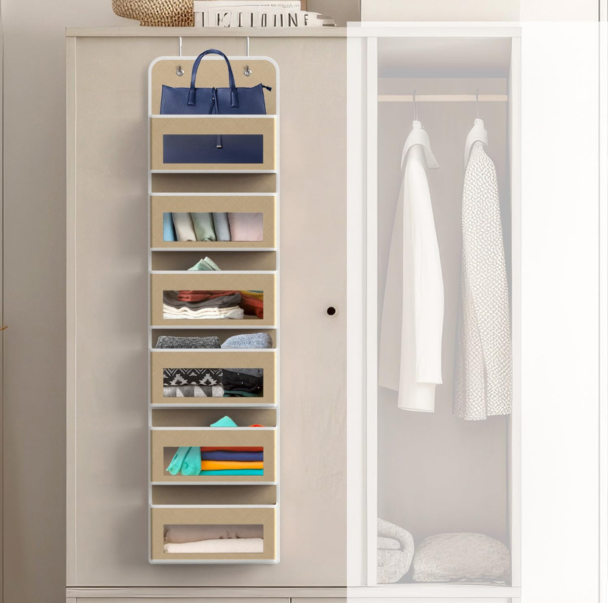 Ideal for small spaces, a versatile storage solution in beige.