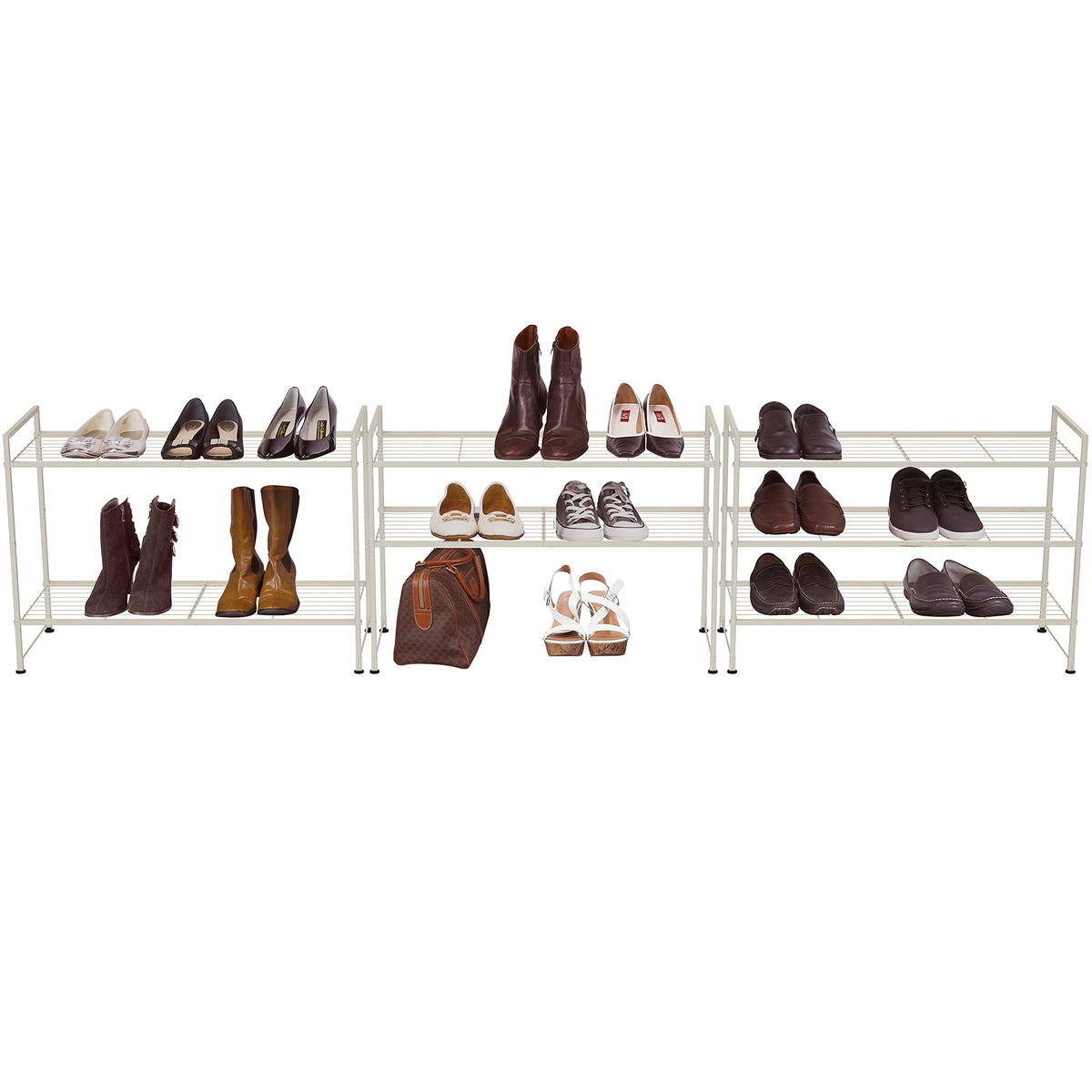 Snap-together design allows quick setup and expandable configurations for growing shoe collections.