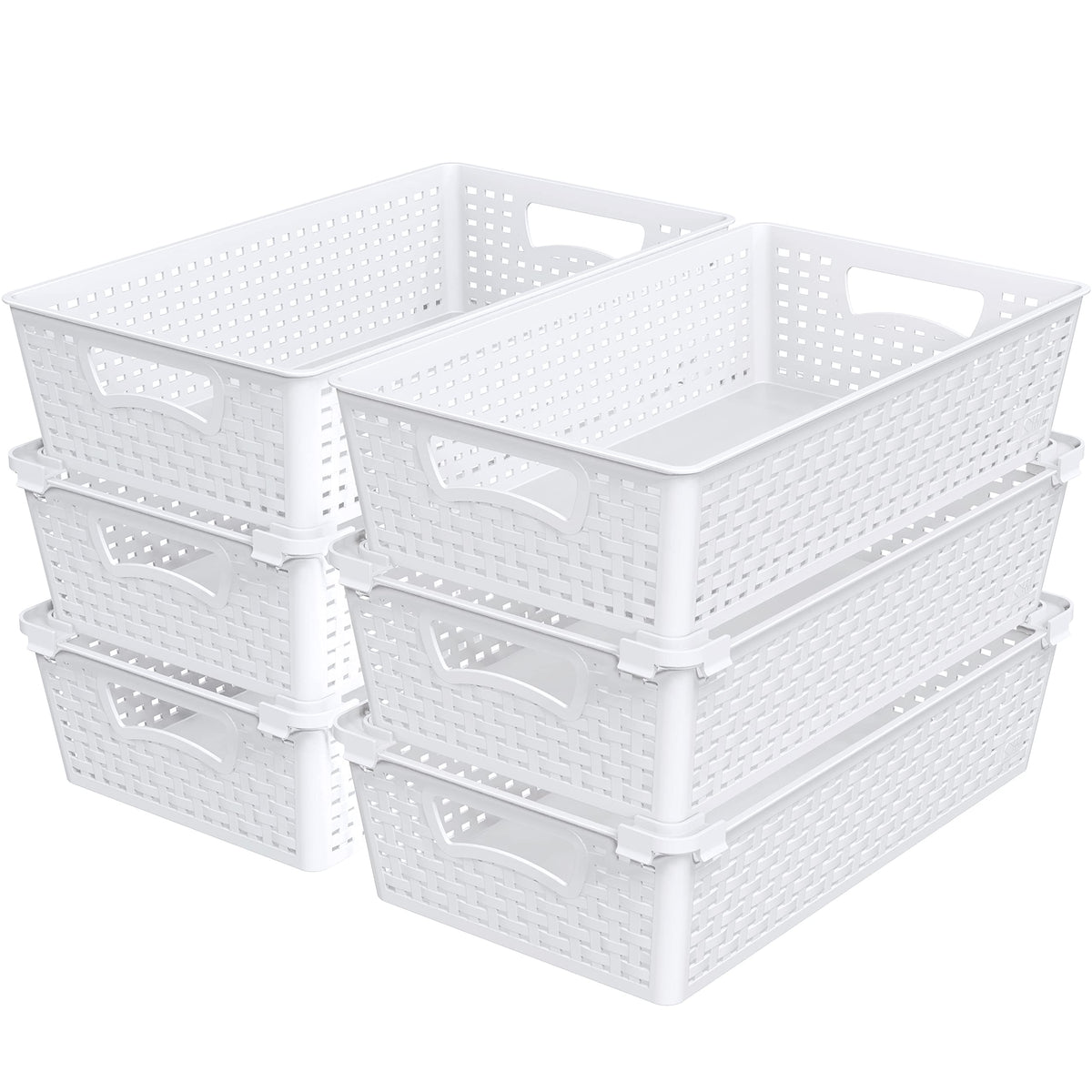 Simple Houseware stackable basket, empty setup, ideal for space-saving shelf storage.