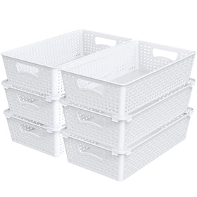 Simple Houseware stackable basket, empty setup, ideal for space-saving shelf storage.
