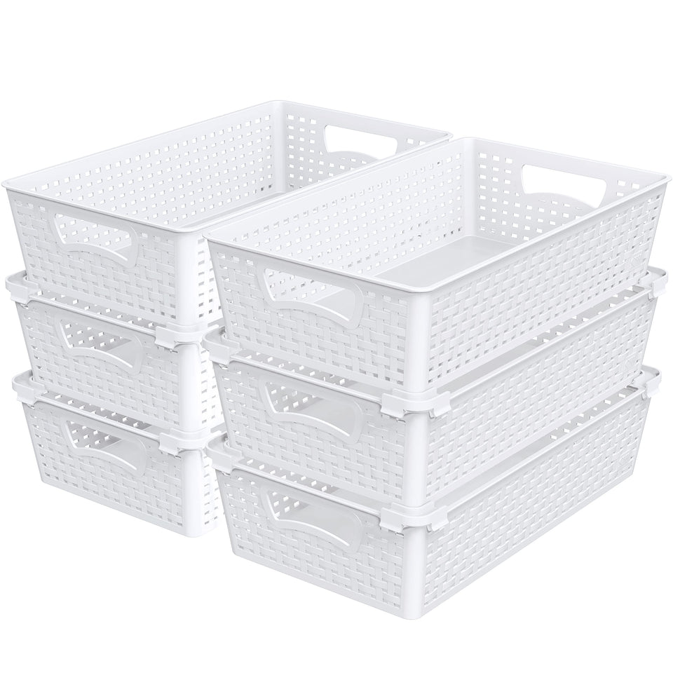 Simple Houseware stackable basket, empty setup, ideal for space-saving shelf storage.