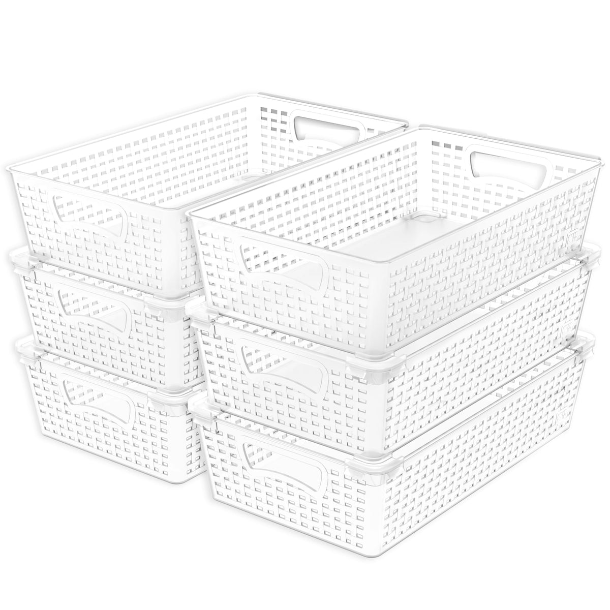 Simple Houseware stackable basket organizer in clear plastic for extra storage.