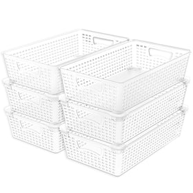 Simple Houseware stackable basket organizer in clear plastic for extra storage.